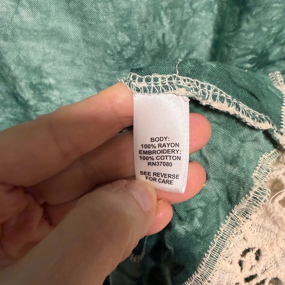 COTTAGECORE FAIRY Sz XL Green Cream 3/4 Sleeve Tie Dye Dress Embroidered Crochet - Picture 7 of 10